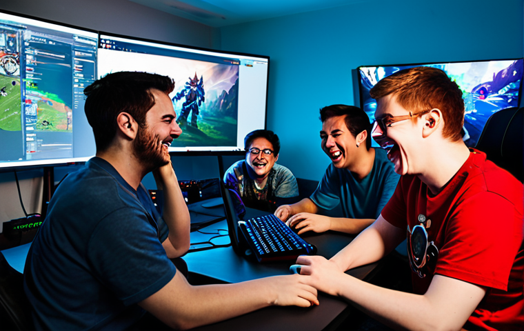 ** "A group of friends laughing together at a LAN party, fully clothed in comfortable attire, surrounded by computer screens with Dota 2 gameplay visible, safe for work, appropriate content, perfect anatomy, natural proportions, family-friendly, well-lit room, indoor setting, gaming atmosphere, high-quality render, professional." **