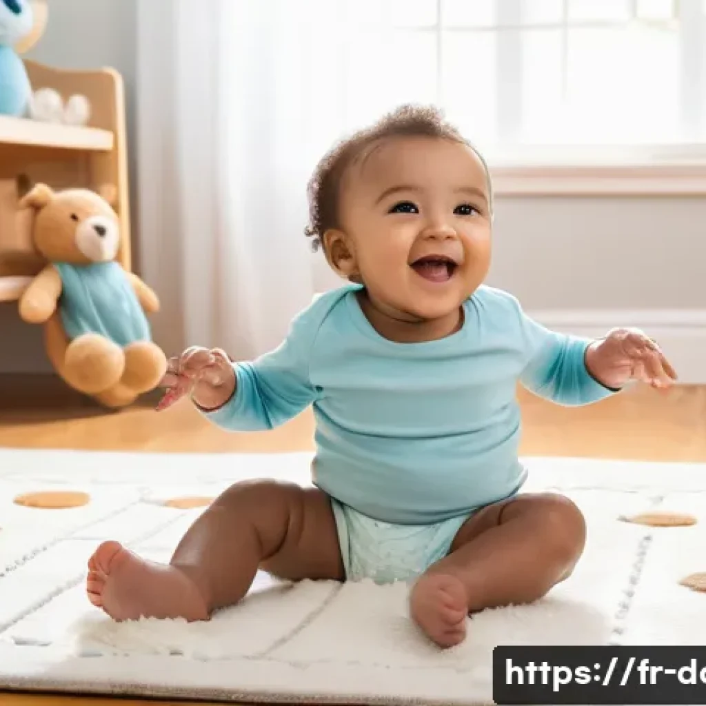 도타2 샤드 업그레이드 - A cheerful toddler, approximately 18 months old, giggling as they sit on a soft, plush rug in a sun-...