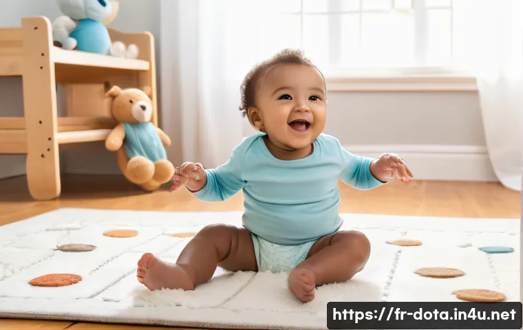도타2 샤드 업그레이드 - A cheerful toddler, approximately 18 months old, giggling as they sit on a soft, plush rug in a sun-...