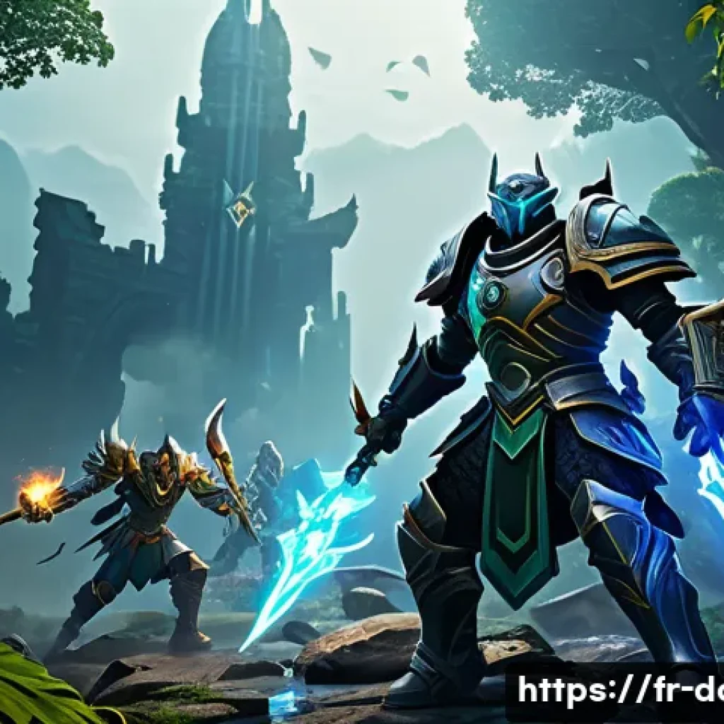 도타2 금화 최적화 전략 - A dynamic fantasy battle scene set in a lush jungle environment, featuring a group of diverse heroes...