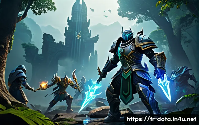 도타2 금화 최적화 전략 - A dynamic fantasy battle scene set in a lush jungle environment, featuring a group of diverse heroes...