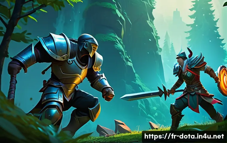 도타2 영웅 간 상성 - A dynamic Dota 2 lane scene depicting two heroes in mid-battle near a tower, one hero aggressively h...