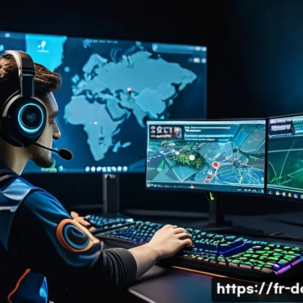 도타2 초보자를 위한 Q A - A dynamic esports team scene set in a dimly lit, high-tech gaming arena, five diverse players intens...