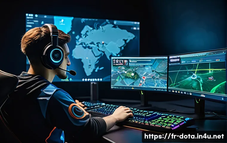 도타2 초보자를 위한 Q A - A dynamic esports team scene set in a dimly lit, high-tech gaming arena, five diverse players intens...