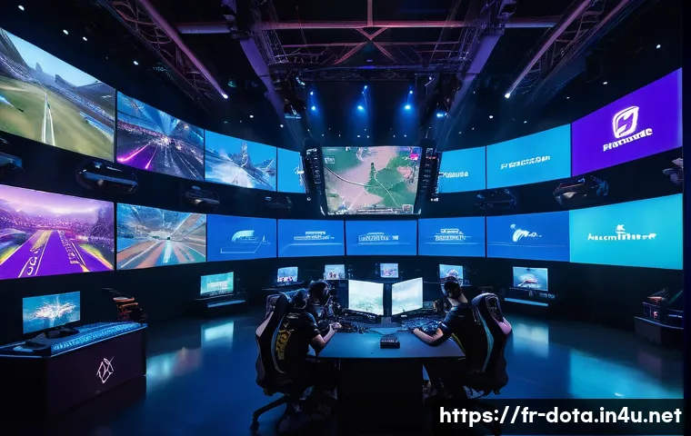 도타2 해외 프로씬 뉴스 - A dynamic esports arena scene showing a professional Dota 2 match in progress, focusing on a support...
