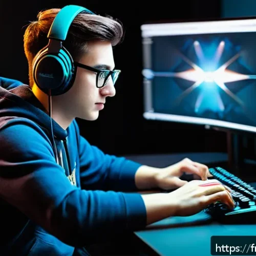 Home 32 도타2 고급 코칭 서비스 - A focused Dota 2 player sitting at a gaming desk in a modern, well-lit room, analyzing game replays ...