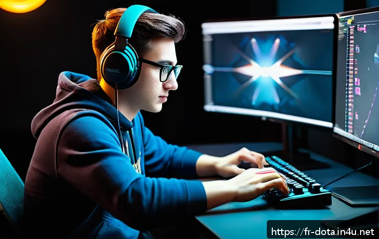 도타2 고급 코칭 서비스 - A focused Dota 2 player sitting at a gaming desk in a modern, well-lit room, analyzing game replays ...