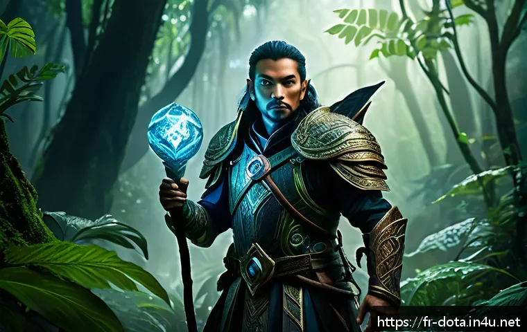 도타2 레벨링 팁 - A detailed fantasy battle scene set in a lush jungle environment inspired by Southeast Asian rainfor...