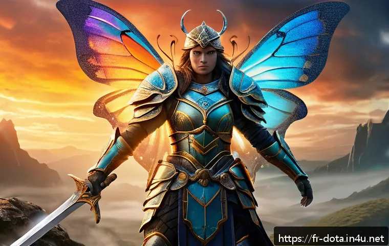 도타2 아이템 리스트 - A powerful and agile fantasy warrior character wearing intricately designed armor with butterfly mot...