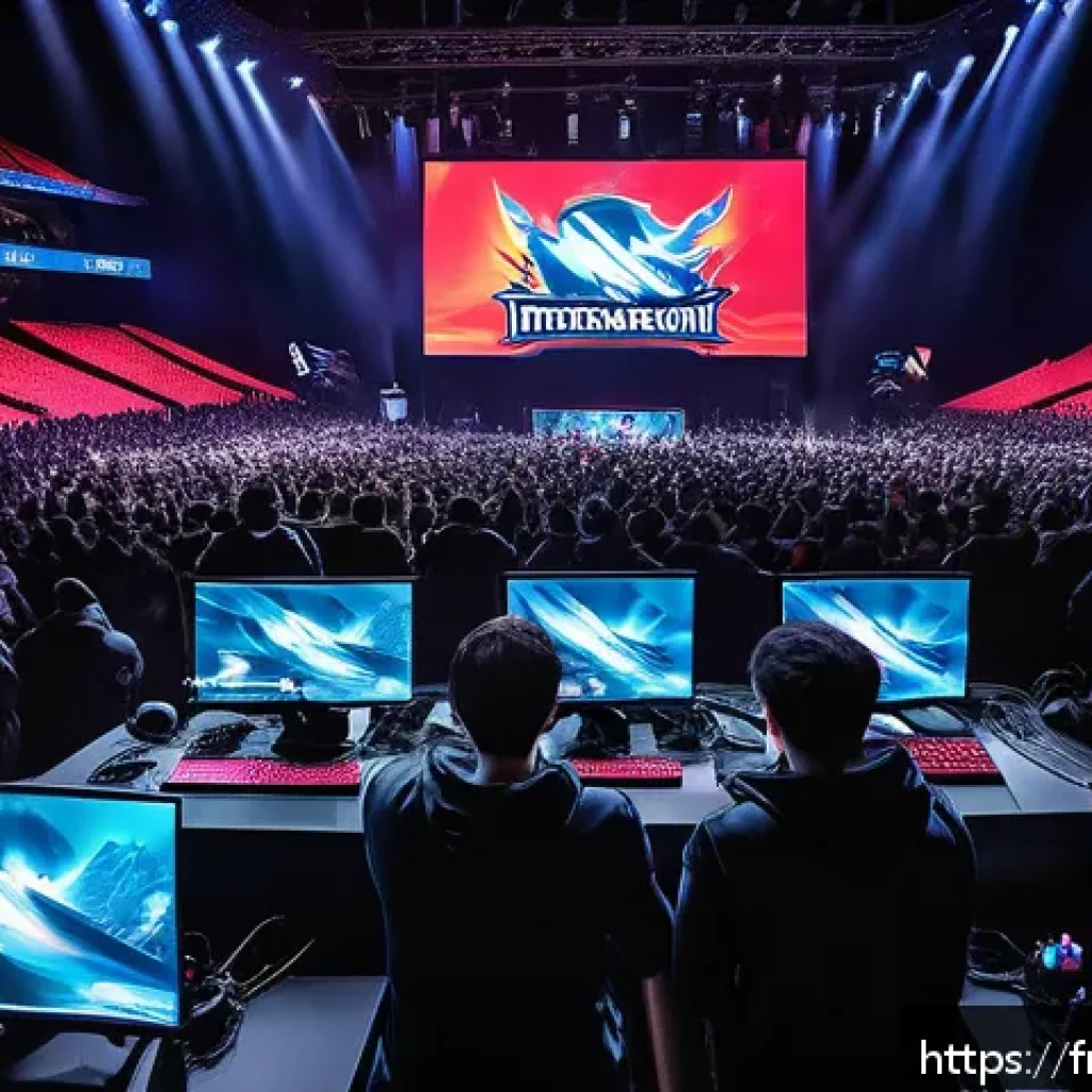 도타2 게임 역사 - A dynamic e-sports arena scene showcasing a high-stakes Dota 2 tournament final with a packed crowd ...