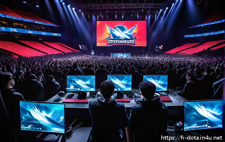 도타2 게임 역사 - A dynamic e-sports arena scene showcasing a high-stakes Dota 2 tournament final with a packed crowd ...