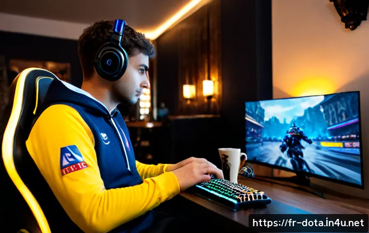 Home 17 도타2 인게임 칭호 - Photorealistic French esports player in a modern Paris apartment gaming setup, focused on a fantasy ...